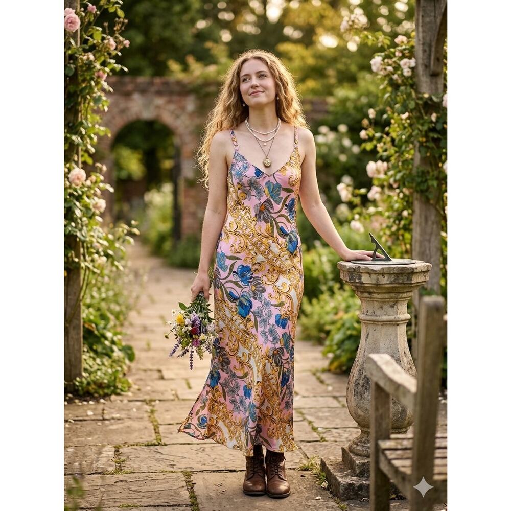 Timing Pink Floral Baroque Scroll Slip Maxi Dress Coquette Whimsigoth Aesthetic